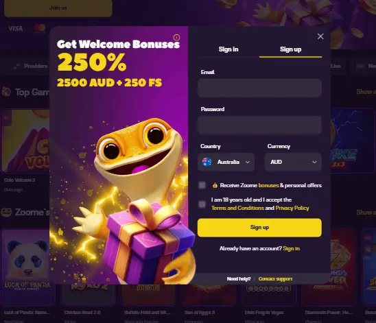 Registration at Zoome Online Casino